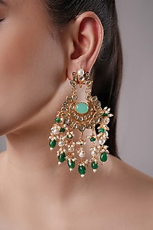Gold Finish Kundan Polki & Green Onyx Dangler Earrings