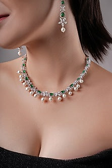White Rhodium Finish American Diamond & Green Stone Handcrafted Necklace Set
