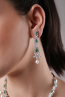 White Rhodium Finish American Diamond & Green Stone Handcrafted Necklace Set