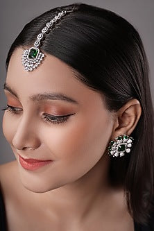 White Finish American Diamond & Green Stone Maangtikka