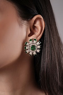 White Finish American Diamond & Green Stone Stud Earrings