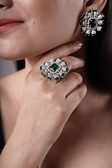 White Finish American Diamond & Green Stone Ring