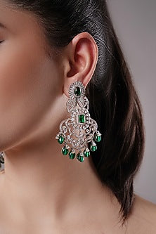 White Finish Green Synthetic Stone Dangler Earrings