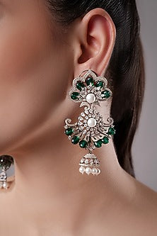 White Finish Green Synthetic Stone Dangler Earrings