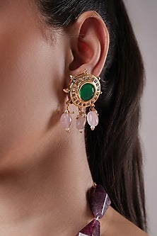 White Finish American Diamond & Green Synthetic Stone Dangler Earrings