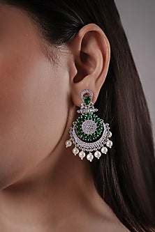 White Rhodium Finish Green Synthetic Stone Dangler Earrings