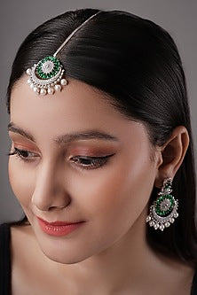 White Finish American Diamond & Green Synthetic Stone Maangtikka