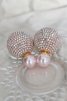 Rose Gold Finish Zirconia & Pearl Dual Stud Earrings