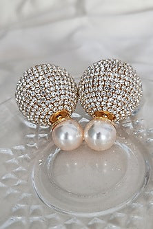 Gold Finish Zirconia & Pearl Dual Stud Earrings