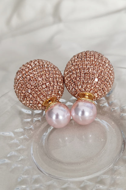 Gold Finish Zirconia & Pearl Dual Stud Earrings