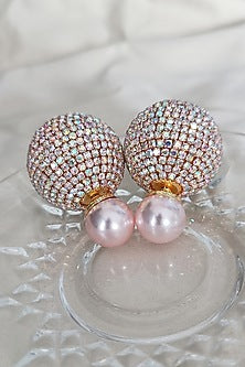 Rose Gold Finish Zirconia & Pearl Dual Stud Earrings