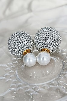 White Finish Zirconia & Pearl Dual Stud Earrings