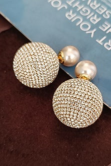 Gold Finish Zirconia & Pearl Dual Stud Earrings