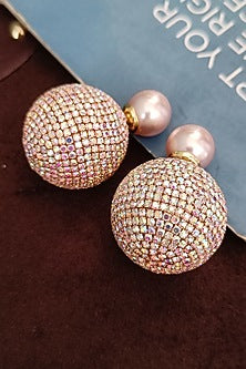 Rose Gold Finish Zirconia & Pearl Dual Stud Earrings