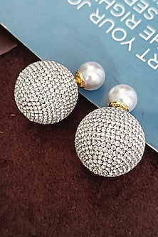 White Finish Zirconia & Pearl Dual Stud Earrings