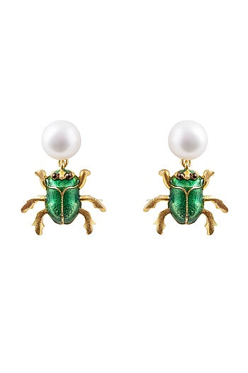 Gold Plated Pearl Enamelled Dangler Earrings