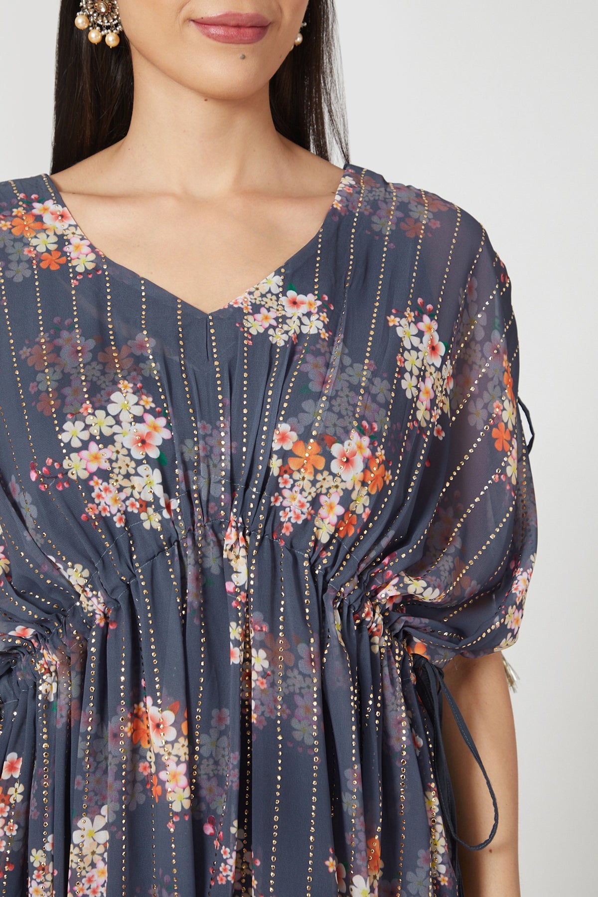 Grey Kimono Kaftan With Drawstrings