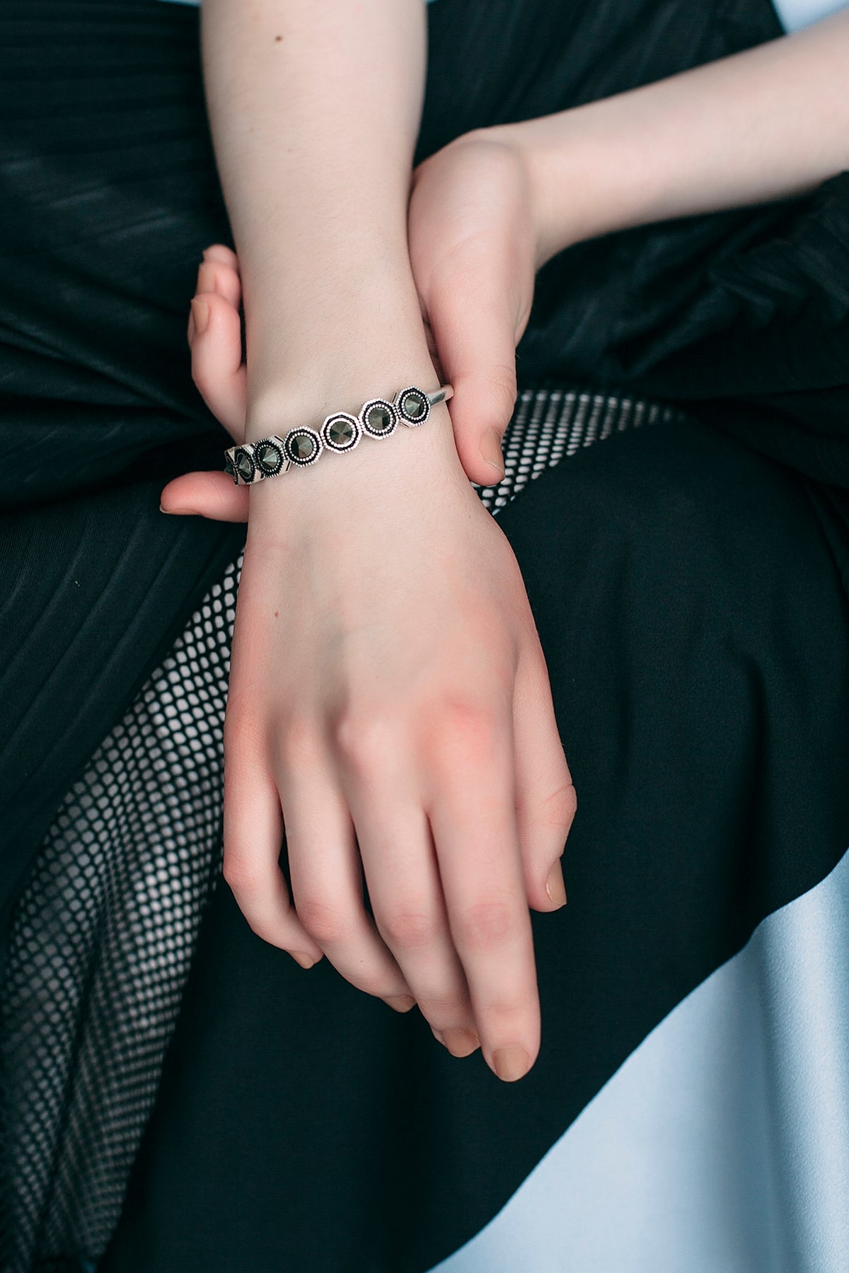 Black Rhodium Finish Pyrite Bangle