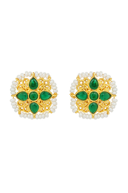 Gold Plated Green Cz & Pearl Beaded Stud Earrings