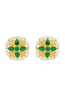 Gold Plated Green Cz & Pearl Beaded Stud Earrings