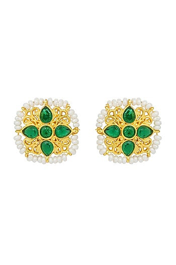 Gold Plated Green Cz & Pearl Beaded Stud Earrings