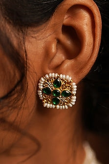 Gold Plated Green Cz & Pearl Beaded Stud Earrings