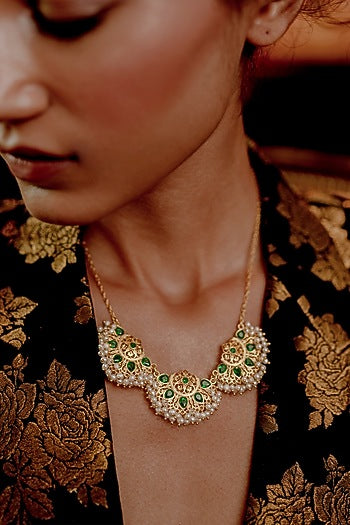 Gold Plated Green Cz & Pearl Beaded Necklace