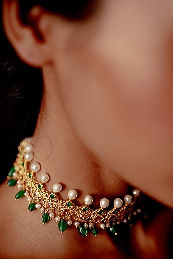 Gold Plated Pearl Beaded Choker Necklace