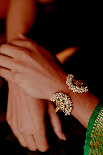 Gold Plated Green Cz & Pearl Beaded Bangle