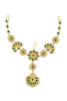 Gold Plated Green & Champagne Cz Mathapatti