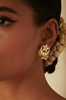 Gold Plated Mirror Polki & Freshwater Pearl Drops Stud Earrings