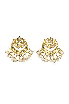 Gold Plated Mirror Polki & Freshwater Pearl Drops Stud Earrings