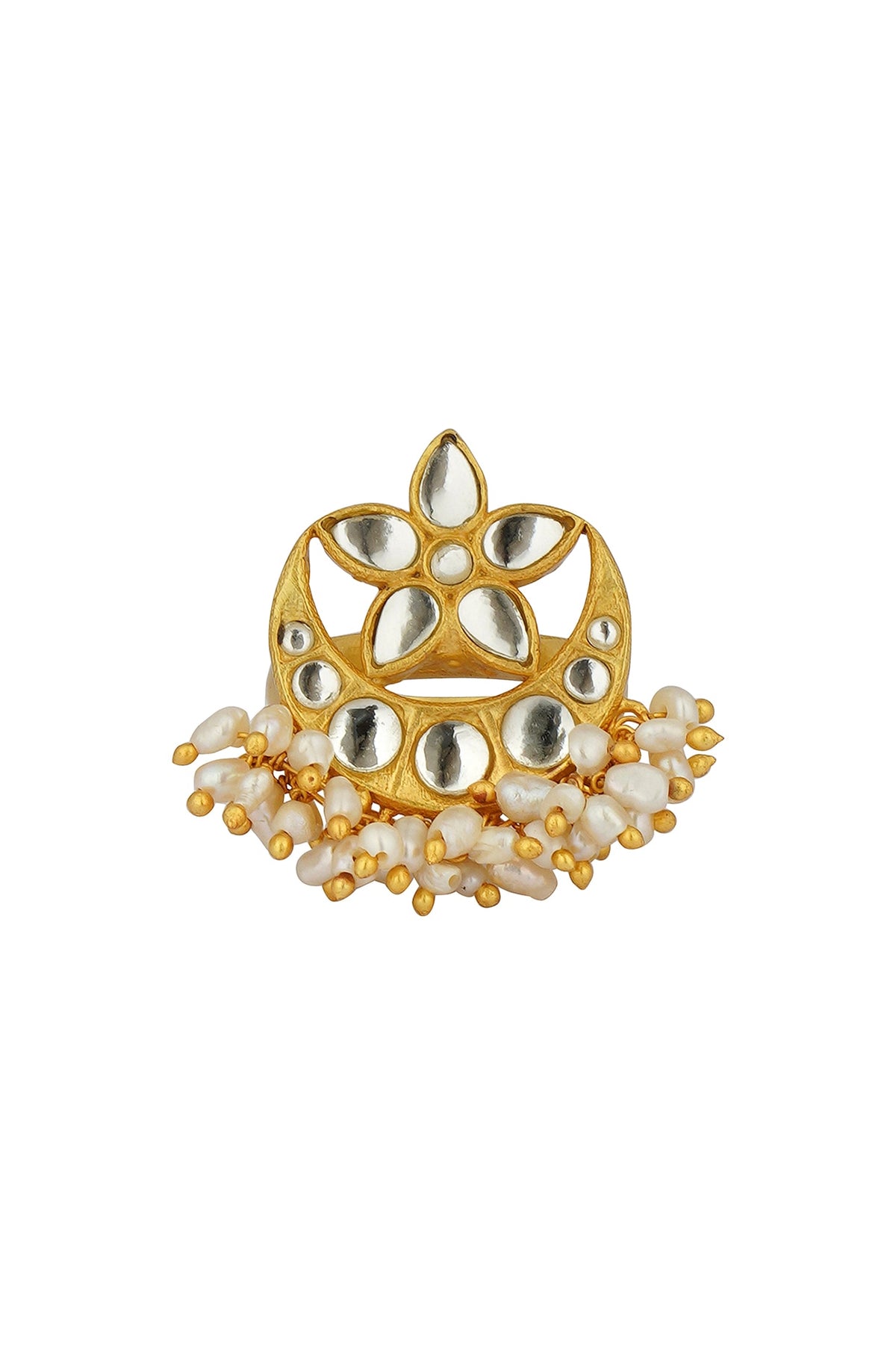 Gold Plated Mirror Polki & Freshwater Pearl Ring