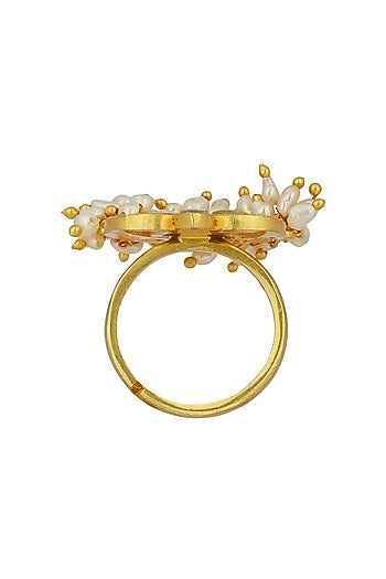 Gold Plated Mirror Polki & Freshwater Pearl Ring