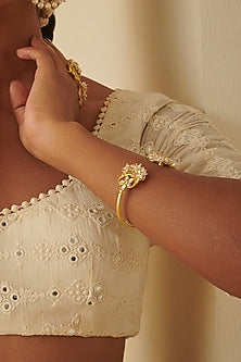 Gold Plated Mirror Polki & Freshwater Pearl Cuff Bracelet