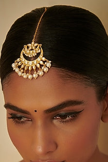 Gold Plated Mirror Polki & Freshwater Pearl Maang Tikka