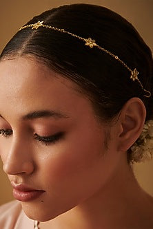 Gold Finish Mirror Polki & Freshwater Pearl Floral Mathapatti
