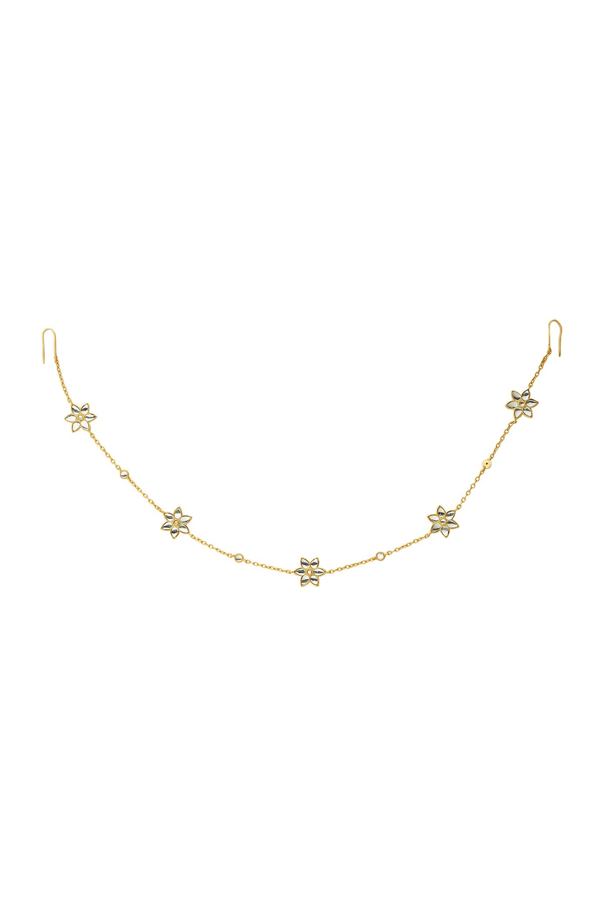 Gold Finish Mirror Polki & Freshwater Pearl Floral Mathapatti