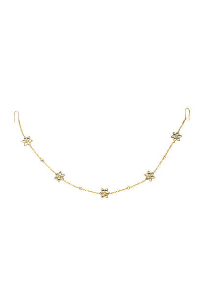Gold Finish Mirror Polki & Freshwater Pearl Floral Mathapatti