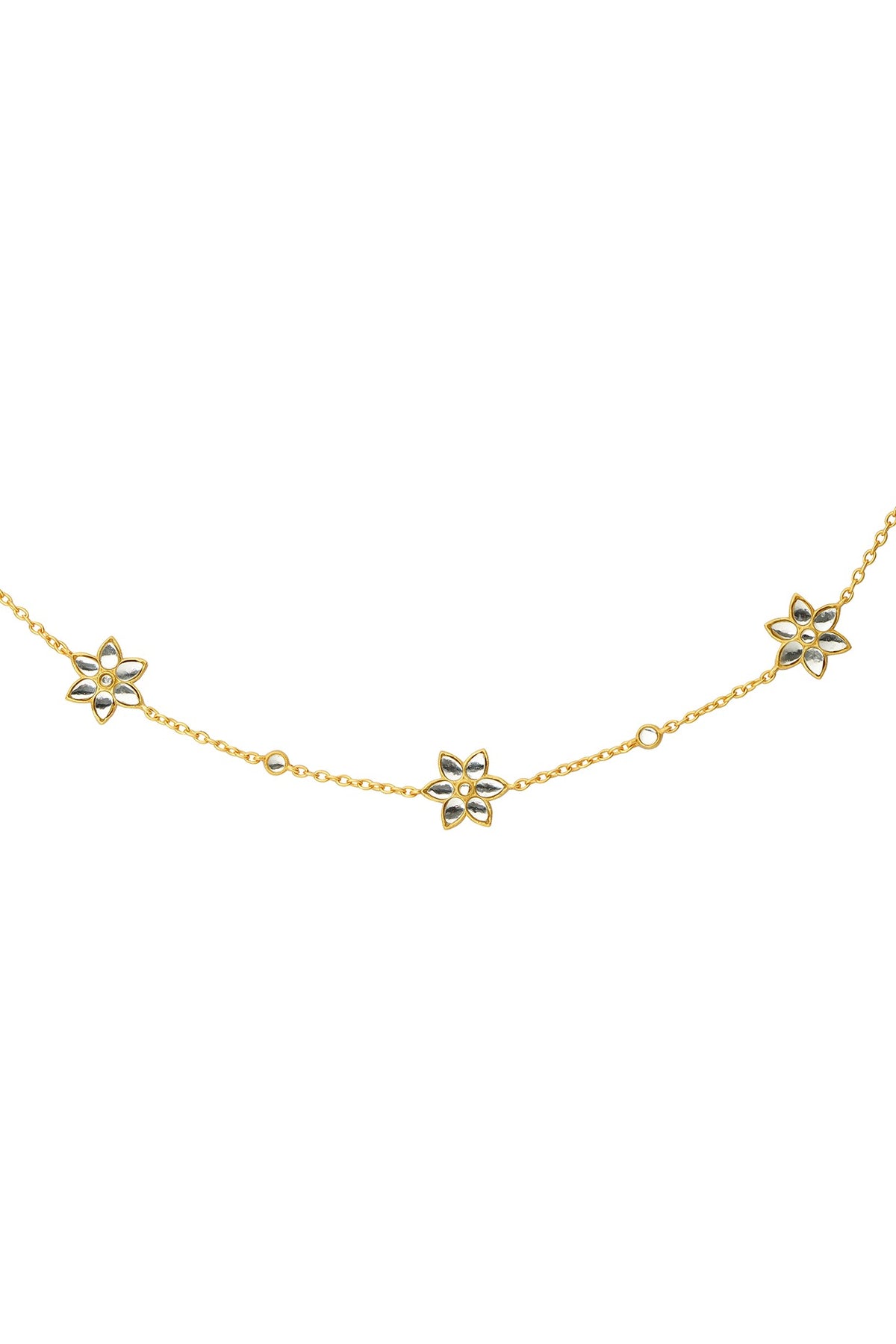 Gold Finish Mirror Polki & Freshwater Pearl Floral Mathapatti