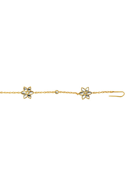 Gold Finish Mirror Polki & Freshwater Pearl Floral Mathapatti