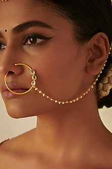 Gold Finish Mirror Polki & Pearl Chain Nose Ring