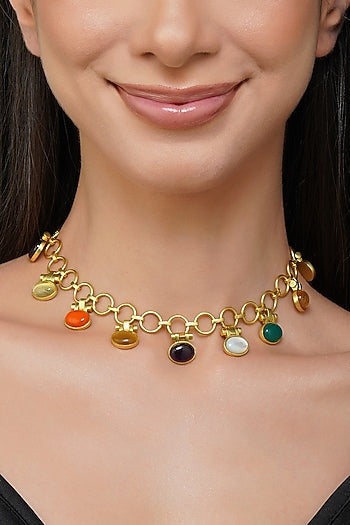 Gold Finish Navratna Stone Necklace