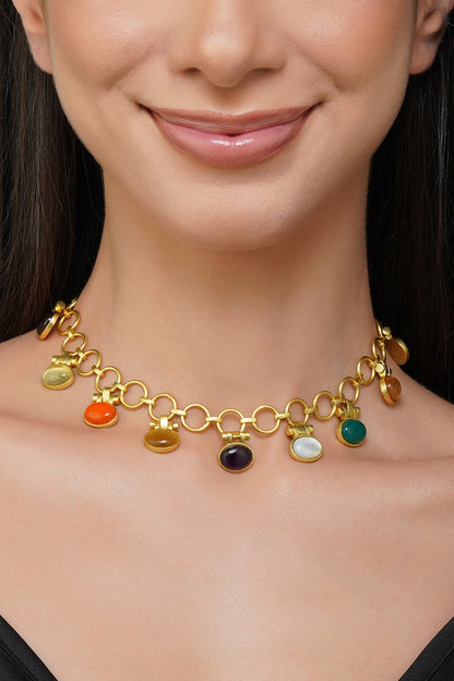 Gold Finish Navratna Stone Necklace