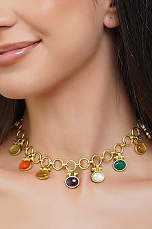 Gold Finish Navratna Stone Necklace