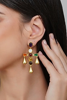 Gold Finish Navratna Stone Dangler Earrings