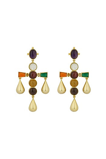Gold Finish Navratna Stone Dangler Earrings
