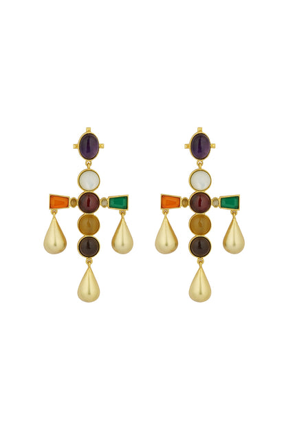 Gold Finish Navratna Stone Dangler Earrings