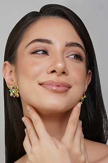 Gold Finish Navratna Stone Stud Earrings
