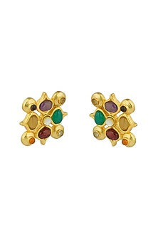 Gold Finish Navratna Stone Stud Earrings